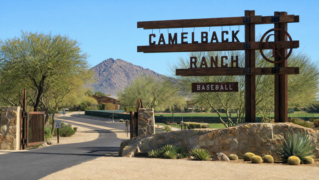 Large, dark wooden sign stating "CAMELBACK RANCH BASEBALL" at the entrance to a sports facility, framed by desert plants and mountains under a clear blue sky.