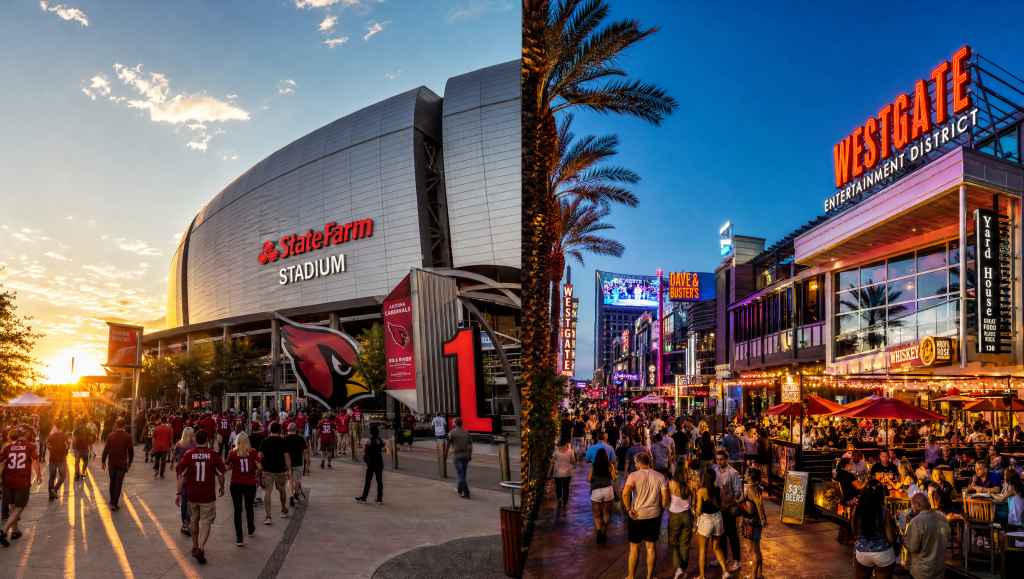 Split view of State Farm Stadium on the left and the lit-up Westgate Entertainment District at dusk on the right.