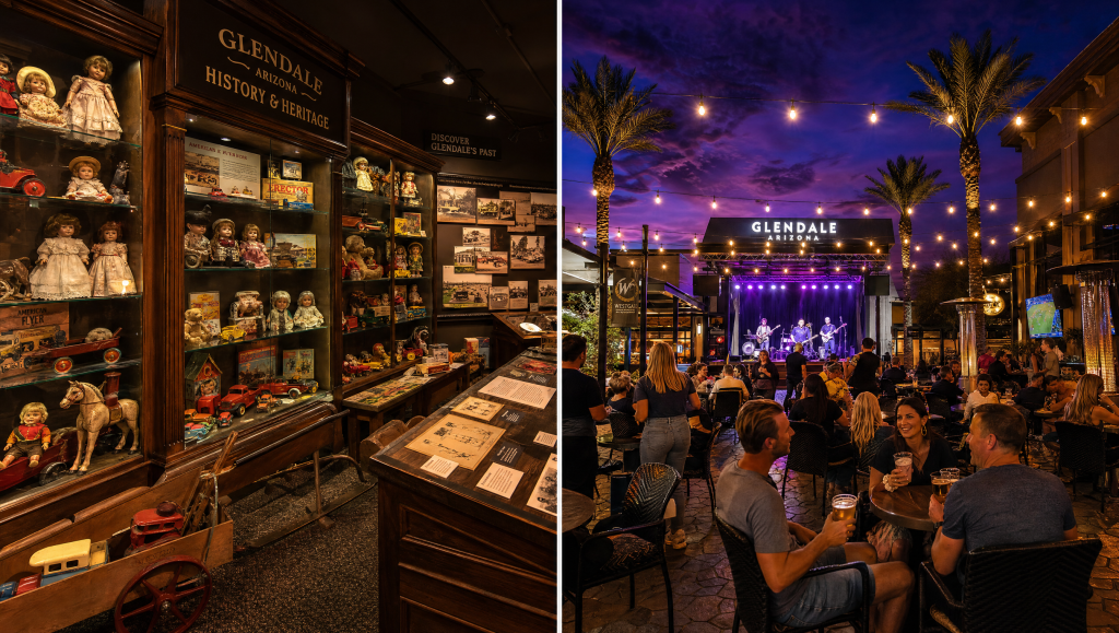 Split image showing historic museum exhibits with vintage dolls on the left, and people dining outdoors during a live concert at night on the right.