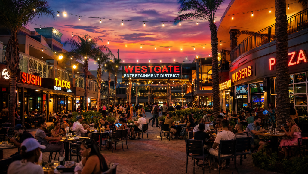 Outdoor dining area at Westgate Entertainment District illuminated by string lights at sunset, with sushi, taco, and pizza restaurant storefronts.