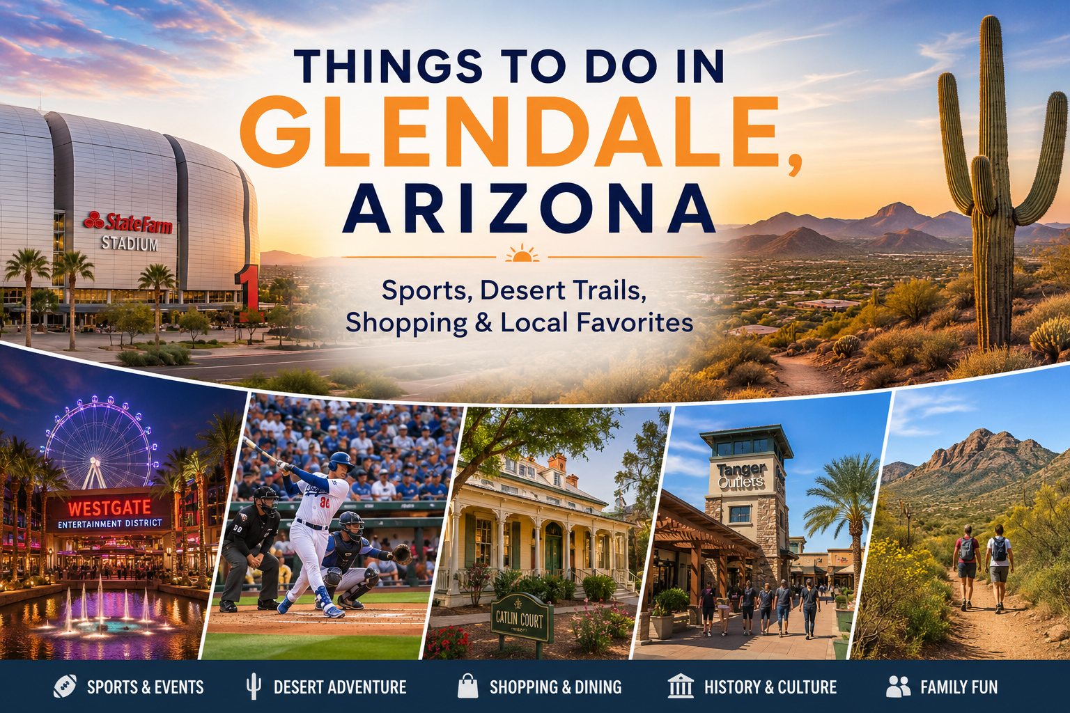 Promotional banner for "Things to Do in Glendale, Arizona" featuring a collage of a baseball stadium, local shopping areas, and desert hiking trails.