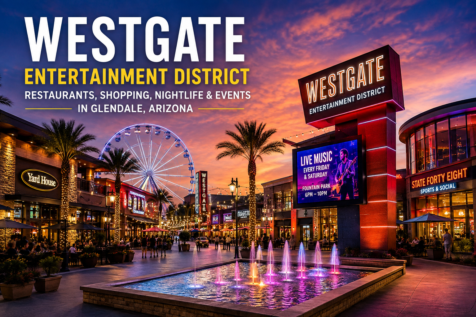 Promotional banner titled "Westgate Entertainment District" featuring palm trees and colorful neon signs lit up at night in Glendale, Arizona.