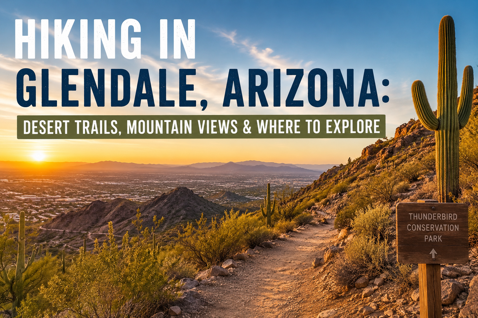 Scenic view of a mountain desert trail with text overlay reading "Hiking in Glendale, Arizona: Desert Trails, Mountain Views & Where to Explore."