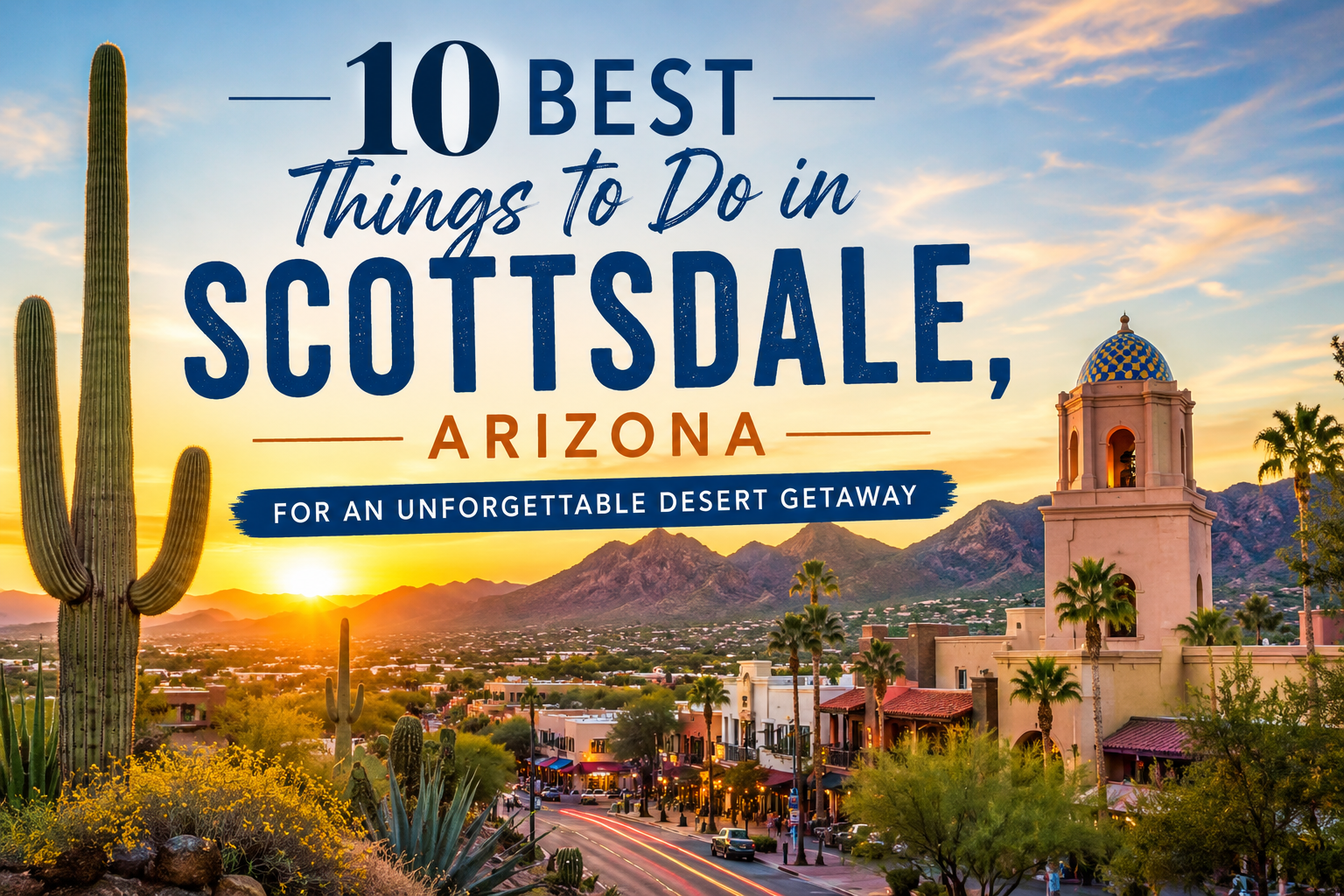 Scottsdale, Arizona sunset with saguaro cacti, desert mountains, Old Town architecture, and text reading “10 Best Things To Do in Scottsdale, Arizona.”