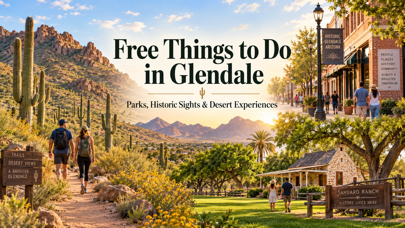 Promotional banner image with text reading "Free Things to Do in Glendale" featuring an outdoor scene of people walking along a scenic desert path.