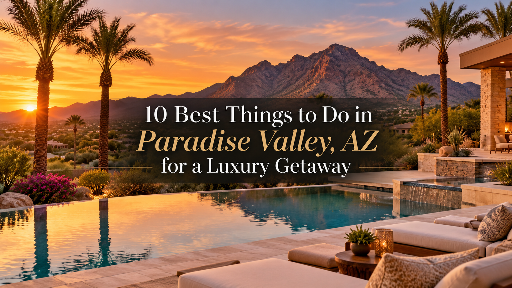 A scenic resort pool in Paradise Valley, Arizona with palm trees and distant mountains, overlay text reads "10 Best Things to Do in Paradise Valley, AZ for a Luxury Getaway."