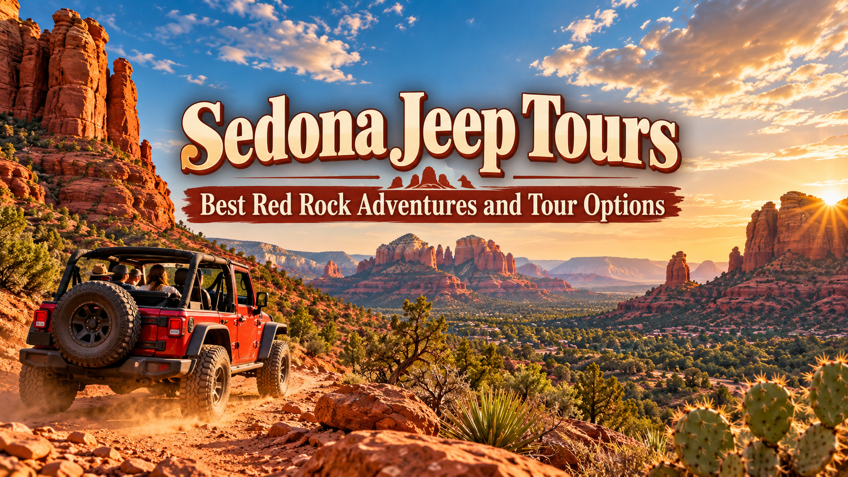 Promotional banner for Sedona Jeep Tours featuring a red off-road vehicle navigating a scenic red rock trail.