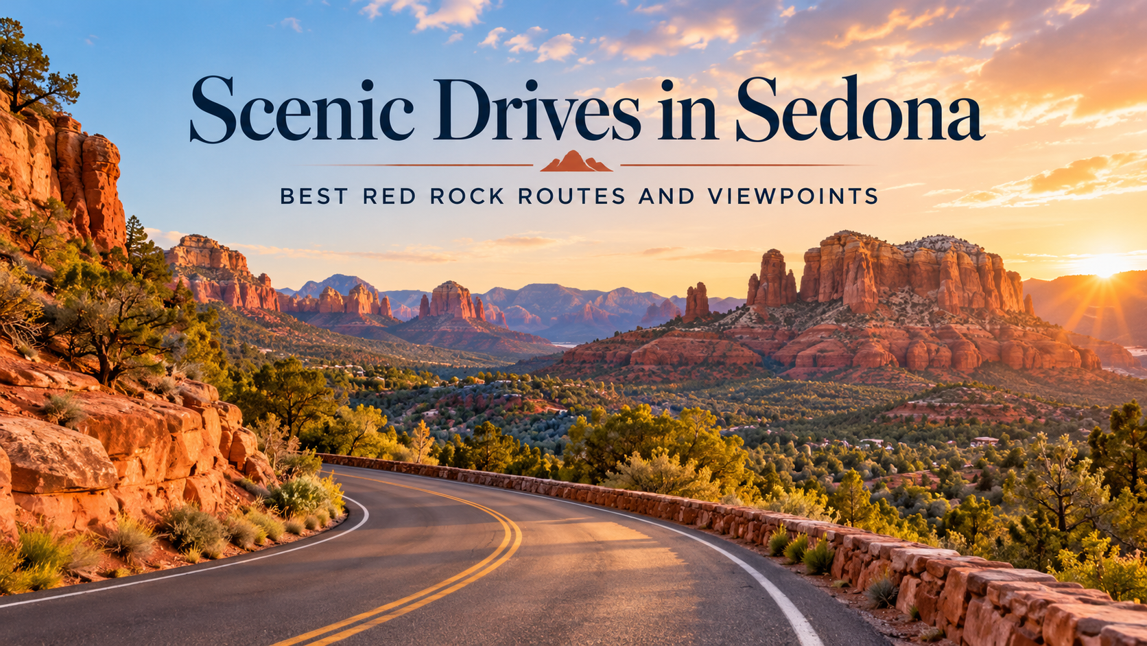 Scenic Drives in Sedona: Best Red Rock Routes and Viewpoints title banner featuring a winding road through towering sandstone formations.