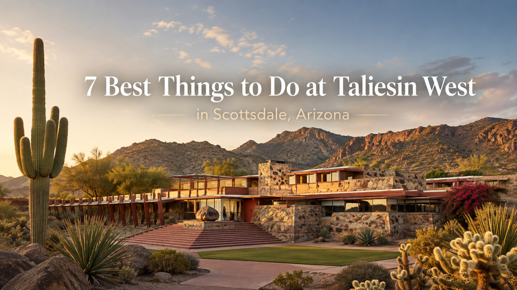 Taliesin West in Scottsdale, Arizona, surrounded by Sonoran Desert cacti and mountains at sunset, highlighting the best things to do and see.