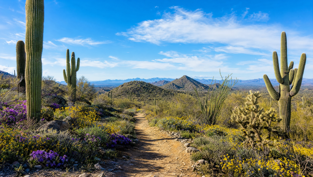 Dirt hiking trail surrounded by desert vegetation, purple wildflowers, and tall saguaro cacti leading toward Hedgpeth Hills under a blue sky.