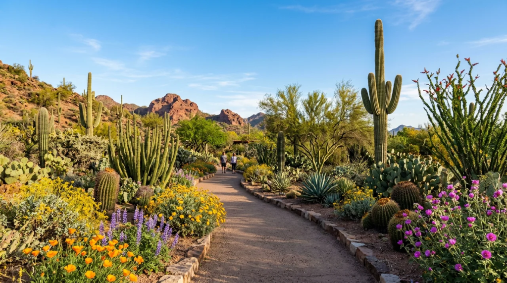 A paved walking trail lined with blooming desert wildflowers, cacti, and a tall saguaro cactus at the Desert Botanical Garden.
