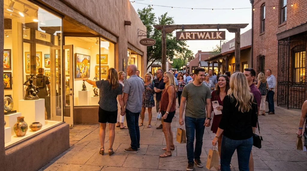People walking along a paved street in Old Town Scottsdale during the ArtWalk, passing illuminated art gallery storefronts displaying paintings and sculptures.