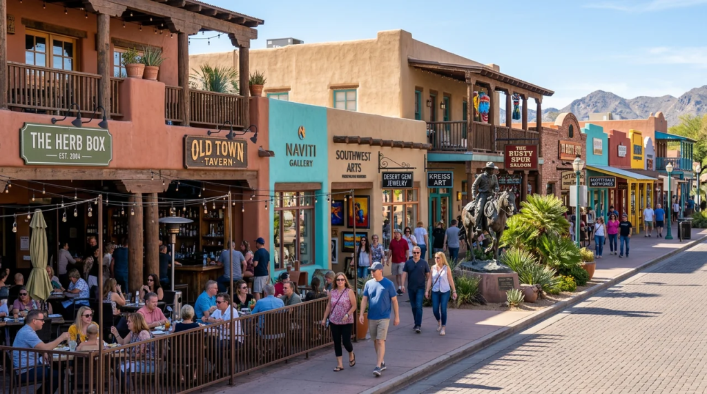 People walking along the historic street of Old Town Scottsdale past outdoor patio diners, local art galleries, and a bronze cowboy statue.