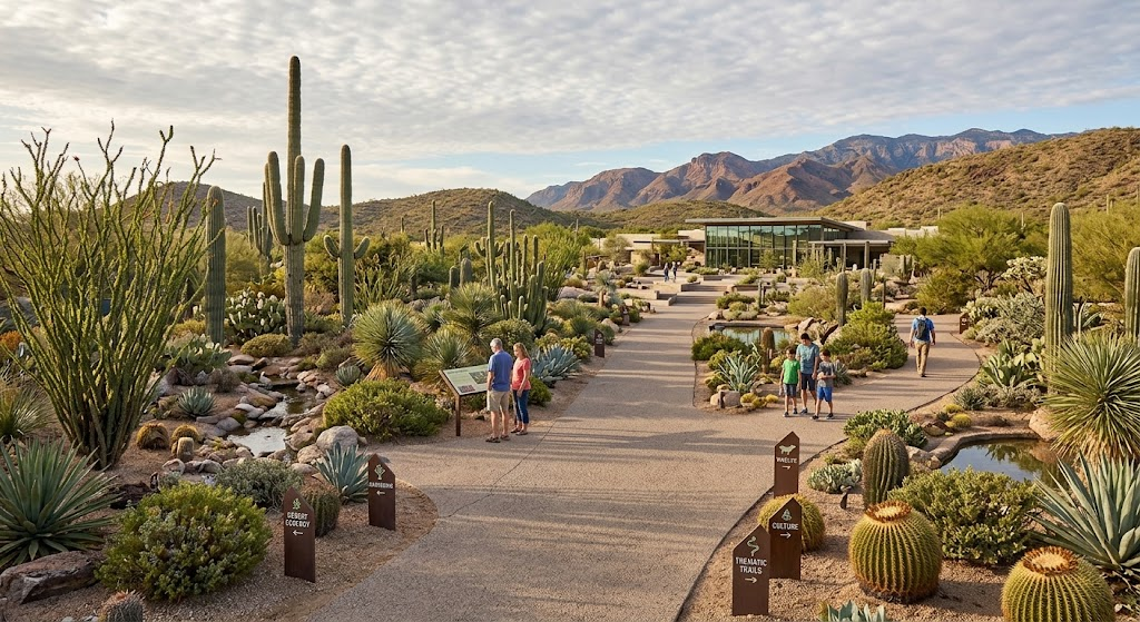 Visitors walking along a paved trail at the Desert Botanical Garden, surrounded by tall saguaro cacti, agave, and desert plants, with scenic mountains in the background under a clear sky.