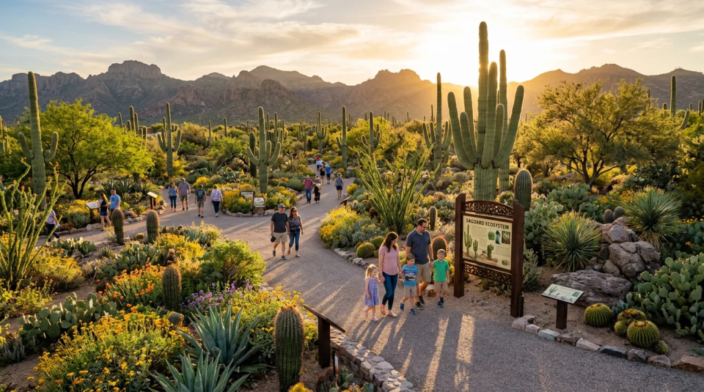 Visitors, including families, strolling along a paved pathway at the Desert Botanical Garden, surrounded by saguaro cacti, desert flora, and an educational information sign under warm sunlight.