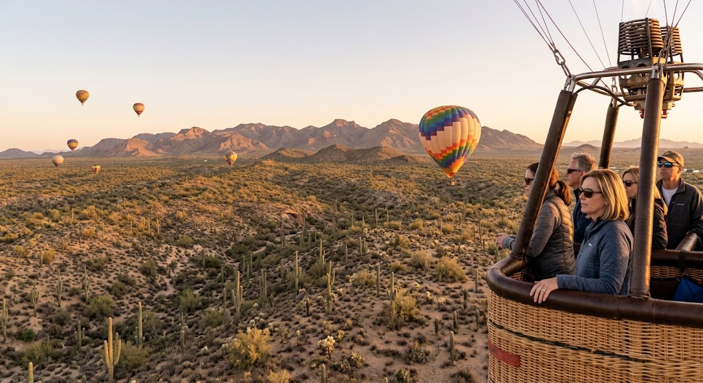 Passengers riding in a hot-air balloon basket enjoying scenic aerial views of the Sonoran Desert landscape and cacti at sunrise, with other hot-air balloons floating in the distance near mountains.