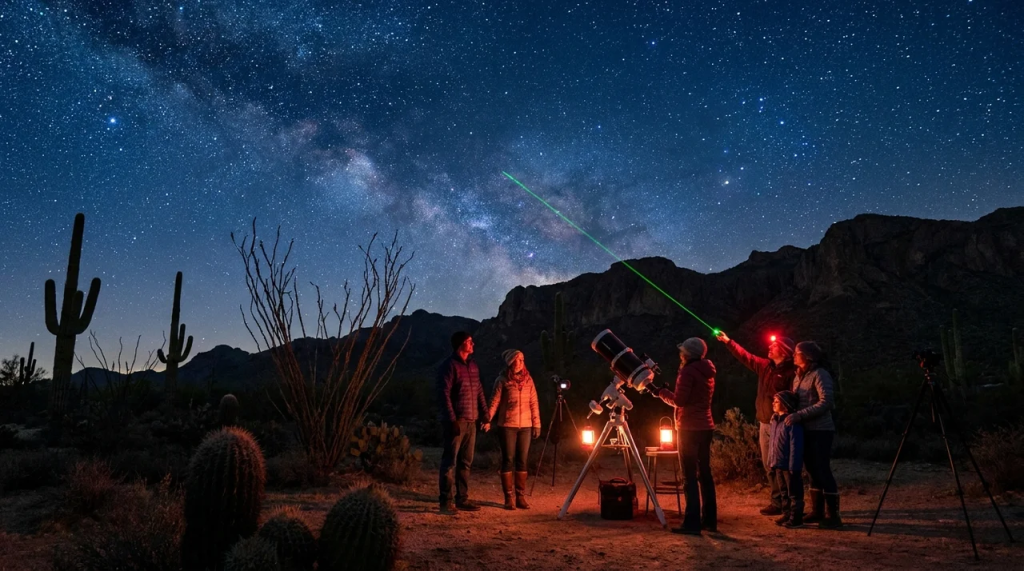 A small group of people stargazing in the Sonoran Desert at night, using a telescope lit by lanterns while pointing a green laser toward a star-filled sky with saguaro cacti and mountains in the background.