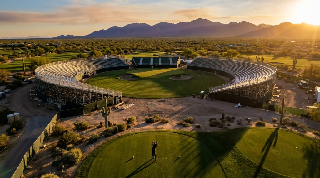 A golfer teeing off at TPC Scottsdale Stadium Course, showing the iconic 16th hole surrounded by grandstand seating with desert terrain and mountains in the background at sunset.