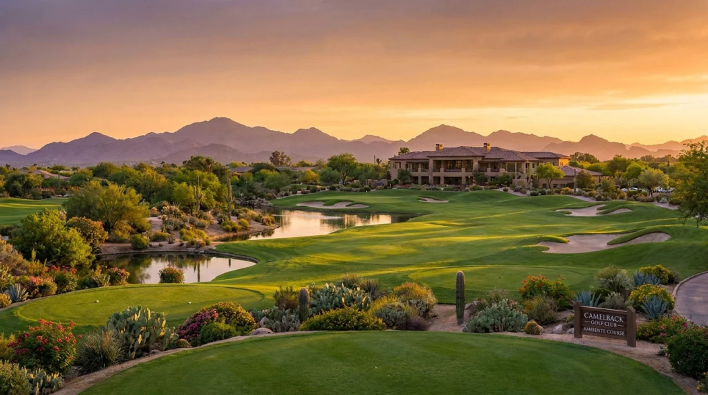 Scenic view of the golf course green at Camelback Golf Club, featuring a water hazard, desert landscaping, and distant mountain views under a soft, hazy sky.