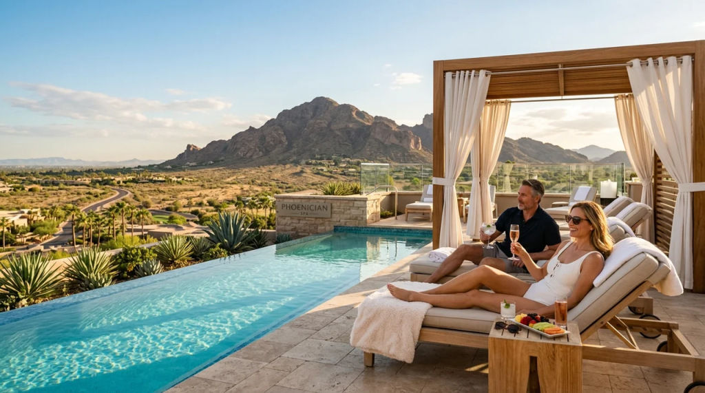A couple relaxing on lounge chairs under a shaded cabana by a luxury rooftop pool, holding drinks while overlooking the desert landscape and mountains at The Phoenician Spa in Scottsdale.
