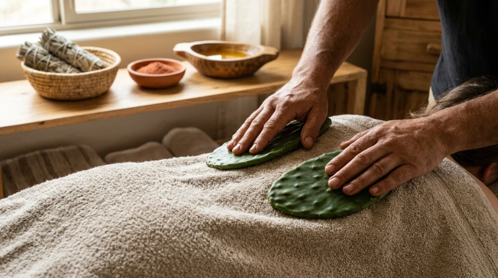 A massage therapist placing spineless prickly pear cactus pads on a client's back during a desert-inspired spa treatment, with traditional bowls, rolled towels, and sage on a wooden windowsill in the background.