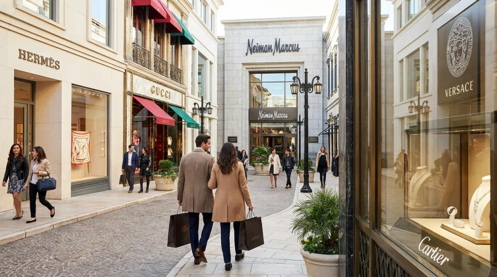 Shoppers carrying shopping bags along an upscale outdoor walkway lined with luxury storefronts including Hermès, Gucci, Neiman Marcus, Versace, and Cartier.