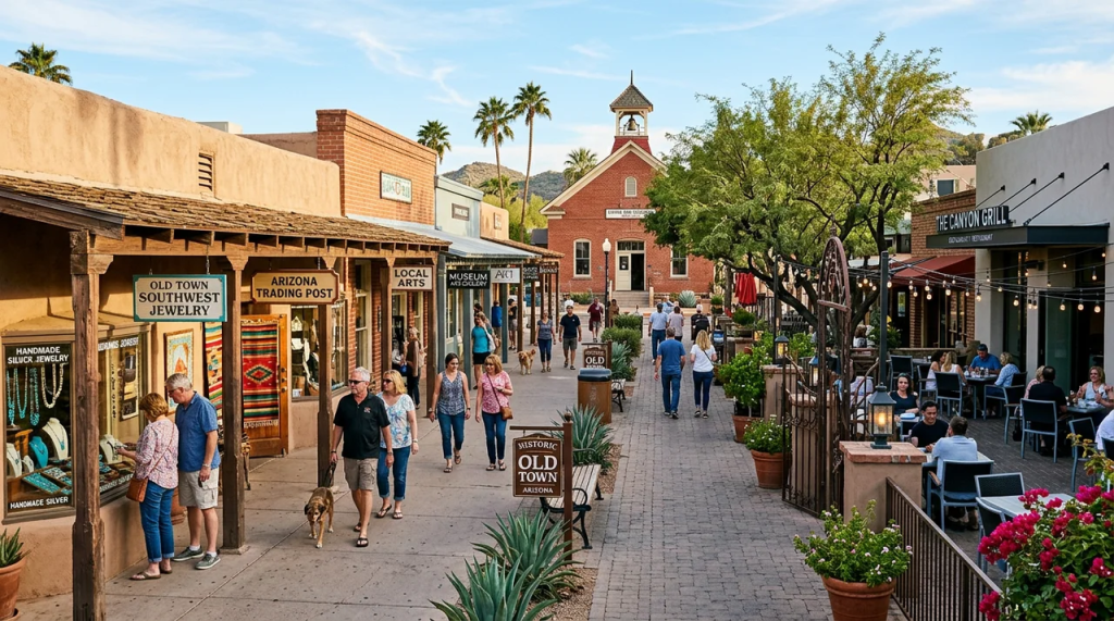 Old Town Scottsdale pedestrian district with Southwestern shops, jewelry stores, local art galleries, outdoor dining, palm trees, and visitors exploring historic Old Town.