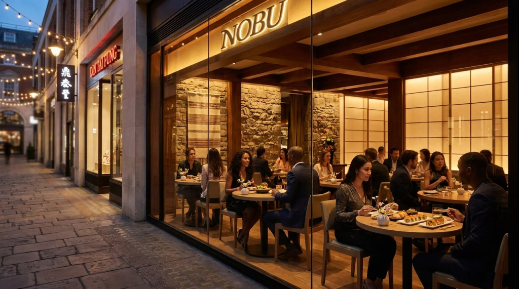 Dine-in guests sitting at tables inside the modern glass-front restaurant Nobu at Scottsdale Fashion Square, with an outdoor walkway featuring string lights in the background.
