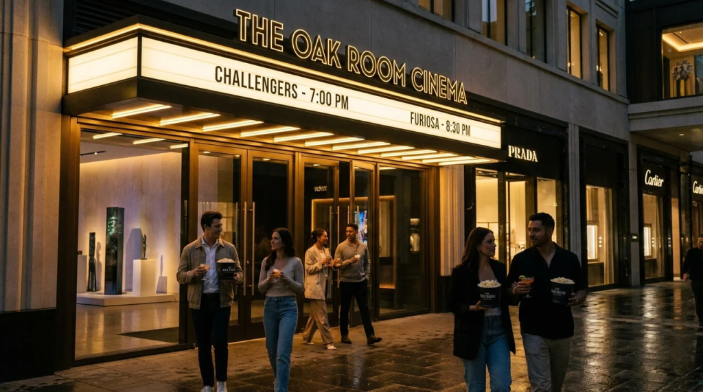 Moviegoers holding popcorn and drinks walking outside the illuminated entrance of The Oak Room Cinema luxury movie theater inside Scottsdale Fashion Square, with Prada and Cartier storefronts in the background.