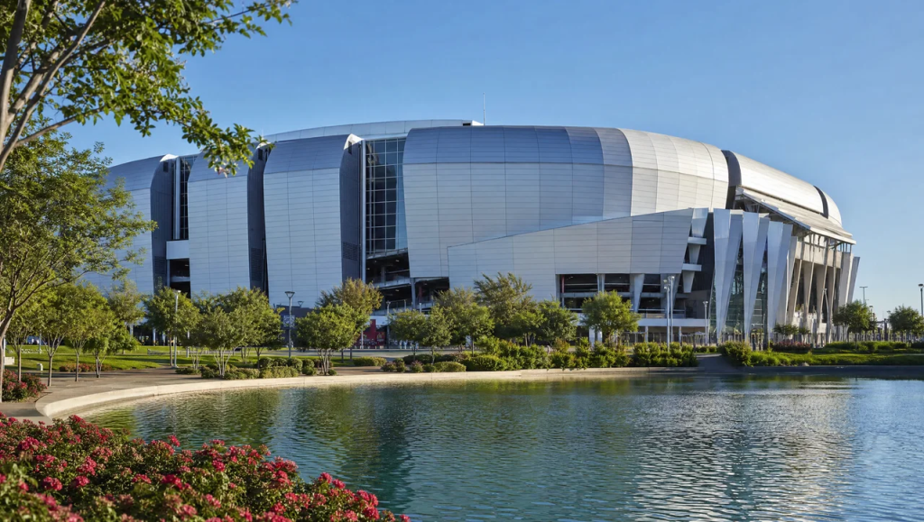 Exterior view of State Farm Stadium with a reflective pond and green landscaping in Glendale, Arizona