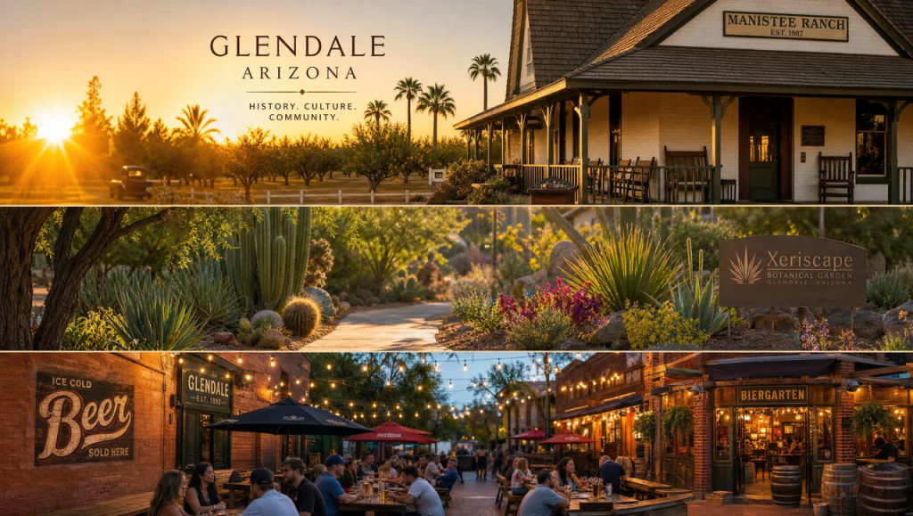 Collage of Glendale, Arizona cultural sites, including a palm tree landscape at sunset labeled "Glendale Arizona," the historic Manistee Ranch building, and the Xeriscape Botanical Garden sign.