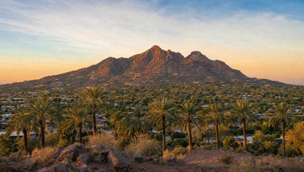 Panoramic view of Camelback Mountain during sunset overlooking the residential neighborhood and palm trees in Paradise Valley, Arizona.
