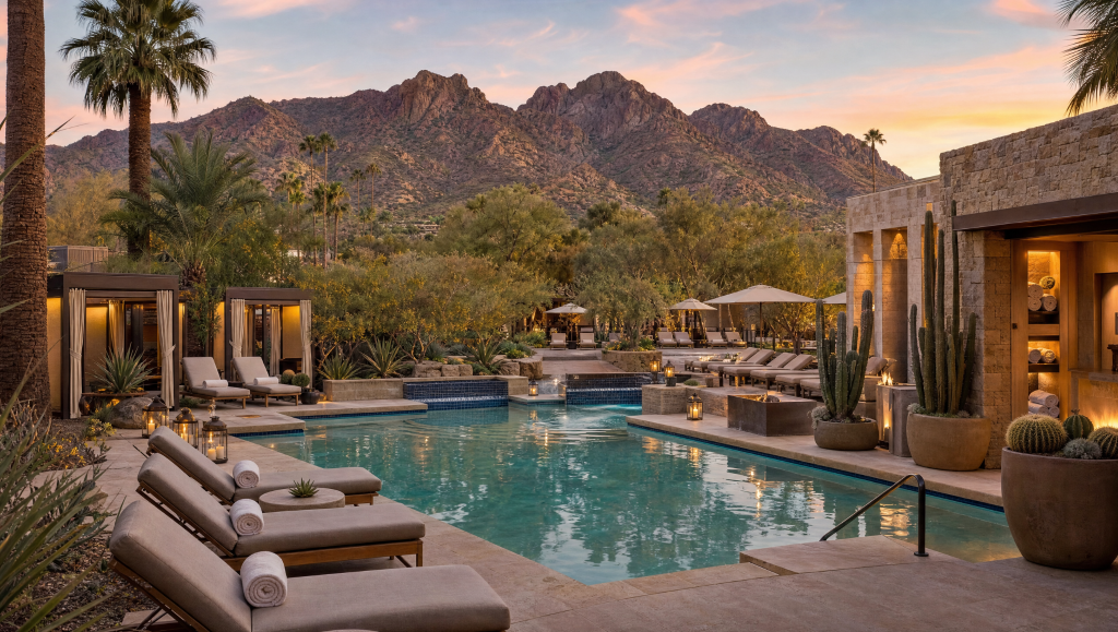 Luxury resort pool area in Paradise Valley, Arizona, with lounge chairs, palm trees, and desert mountains during sunset