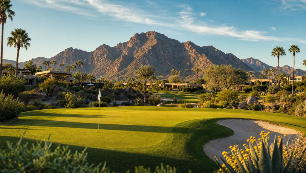 Scenic view of Camelback Mountain framed by palm trees under a bright blue sky at Mountain Shadows Resort in Paradise Valley.