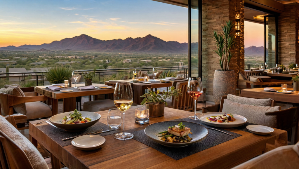 Outdoor dining setup at Elements restaurant at Sanctuary Camelback Mountain with set tables, wine glasses, and plated gourmet dishes overlooking Camelback Mountain at dusk.