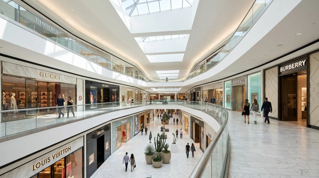 Luxury shopping mall in Scottsdale with Gucci, Prada, Louis Vuitton, Tiffany & Co., Burberry, and other designer stores across a bright multi-level interior.