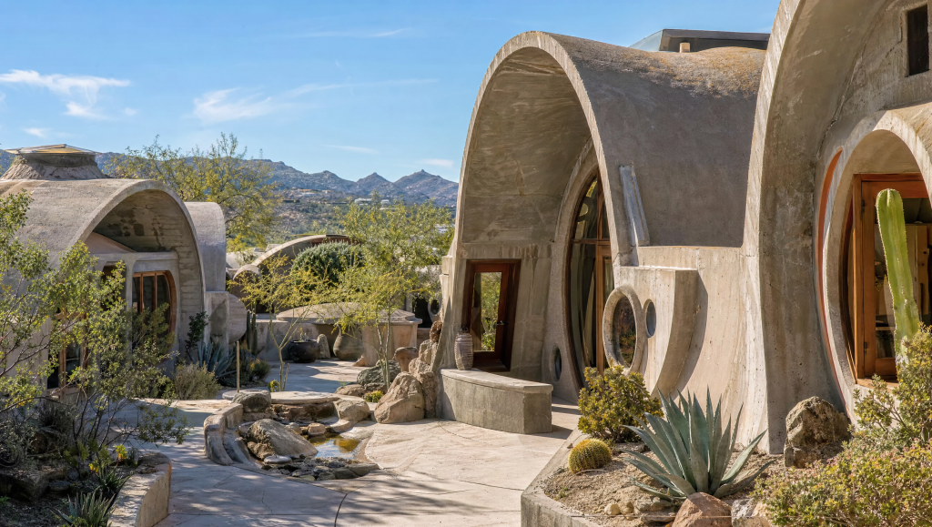 Curved, earth-cast concrete vaults and apse structures at Cosanti, surrounded by desert vegetation, cacti, and courtyard walkways in Paradise Valley, Arizona.