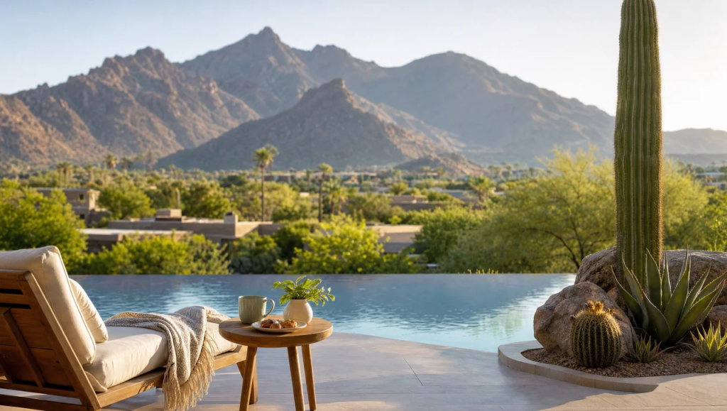 Luxury desert vacation rental patio overlooking a swimming pool, desert landscaping, and mountain scenery in Paradise Valley.