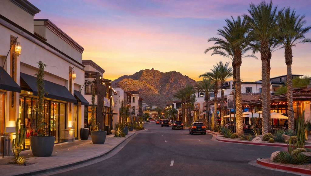 Charming pedestrian street lined with palm trees, outdoor dining, luxury shops, and mountain views at dusk in Scottsdale, Arizona.