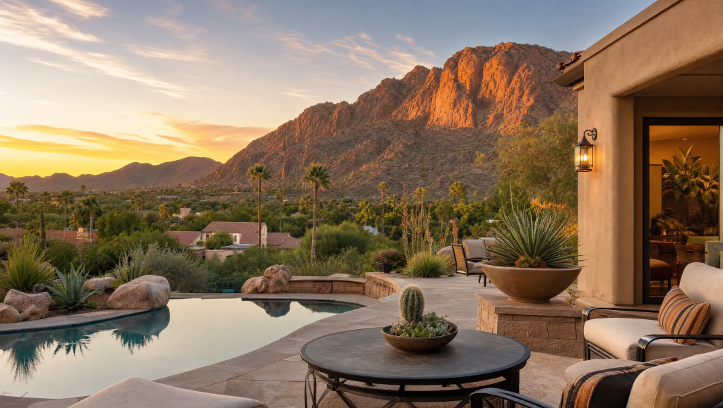 Luxury vacation rental patio in Paradise Valley with a private swimming pool overlooking mountain scenery at sunset