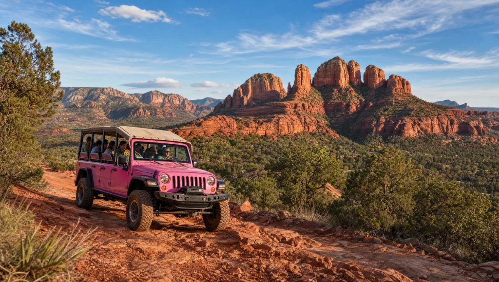 Pink Jeep tour vehicle driving on a rugged dirt trail through red rock country in Sedona, Arizona.