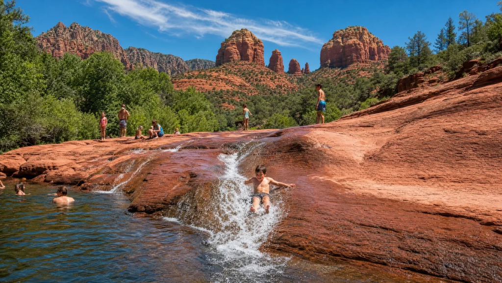 Family enjoying the natural sandstone water slide at Slide Rock State Park in Sedona, Arizona.
