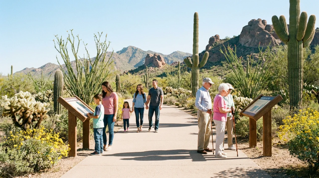 A family and visitors reading educational displays along the paved Bajada Nature Trail in the McDowell Sonoran Preserve.
