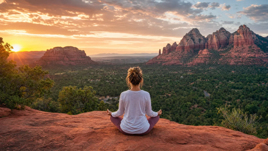 Person meditating in a lotus pose on a red rock overlook in Sedona at sunset with panoramic mountain views.
