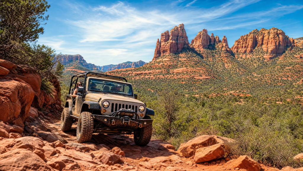 Sedona Jeep tour vehicle driving through red rock landscape with sandstone formations.