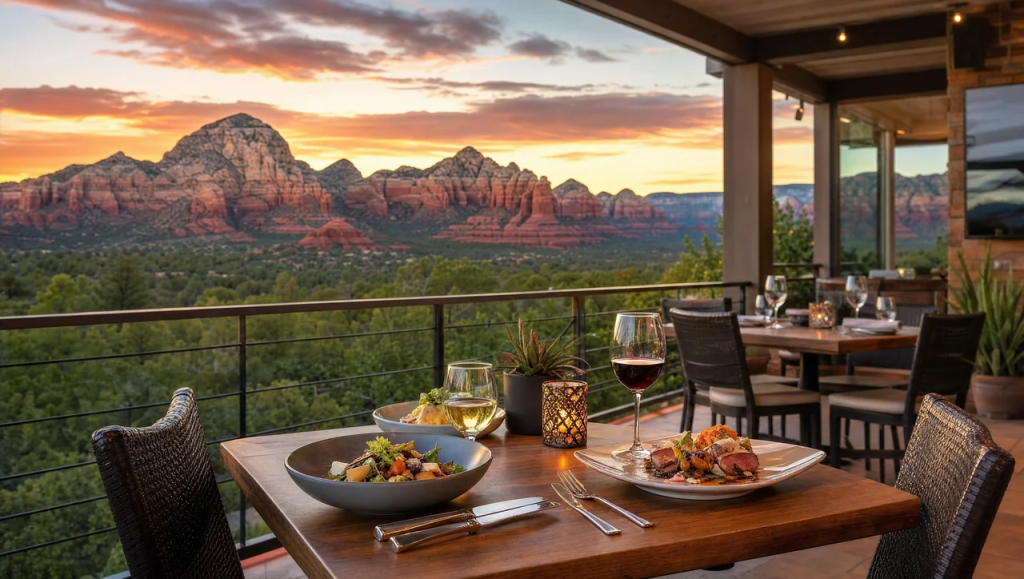 View of Sedona's red rock mountains and green trees from an outdoor restaurant terrace with dining tables.