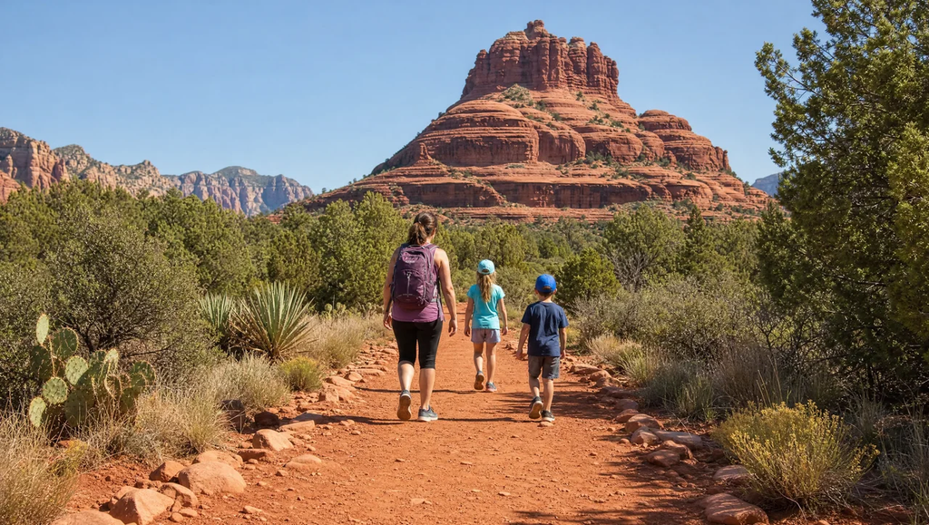 A family walking along a red rock dirt trail in Sedona with sandstone formations in the background.