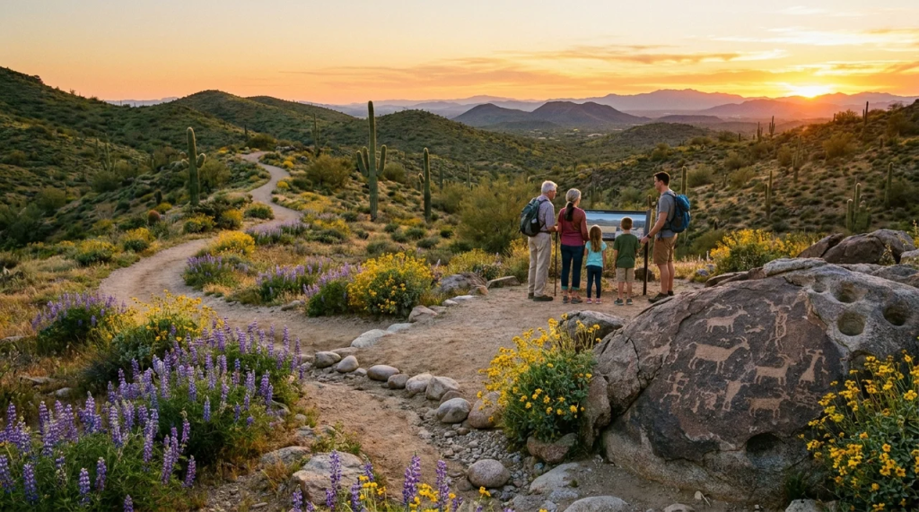 A family looking at an educational sign along a desert trail featuring petroglyphs carved on a nearby boulder.