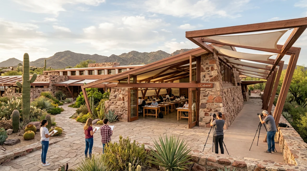 Visitors photographing and sketching the organic desert architecture of Taliesin West in Scottsdale.
