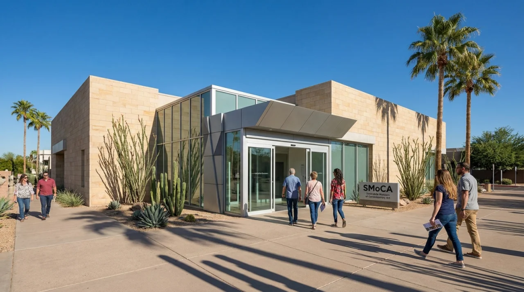 Exterior view of the Scottsdale Museum of Contemporary Art (SMoCA) building under a clear blue sky, showing visitors walking along the paved entrance pathway lined with desert landscaping, cacti, and palm trees.